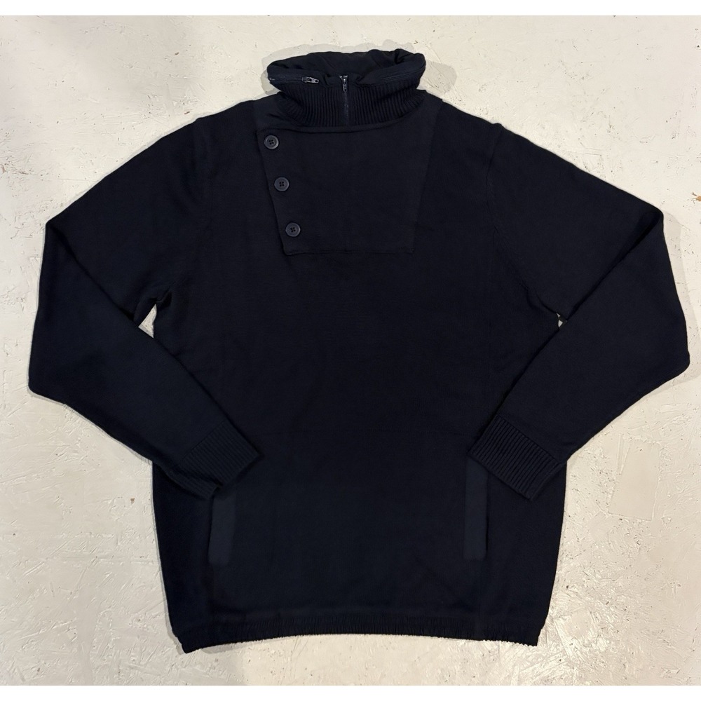 Orvis Knit 3 Button Flap Pullover Sweater Hidden Hood Mens M‎ Navy Blue